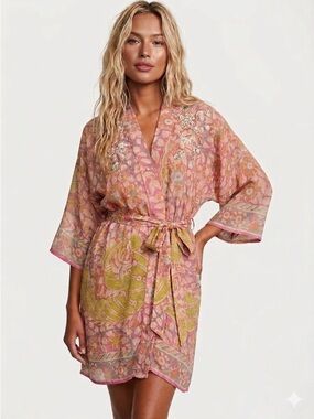 Leaves Of Grass NY Hand Embroidered Silk Chiffon Robe Floral Sheer Lightweight
